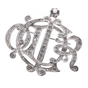 Christian Dior Brooch Emblem Metal Rhinestone Silver Ladies