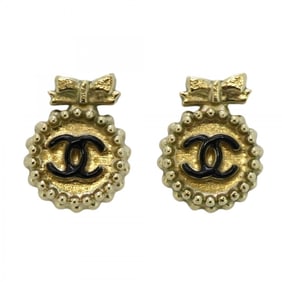 Chanel Earrings Coco Mark Ribbon Motif GP Plated Champagne Gold Black Ladies