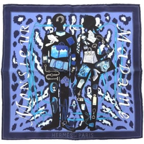 Hermes Carré 40 MONSIEUR ET MADAME Monsieur & Madame Silk Blue Scarf Muffler 0821HERMES