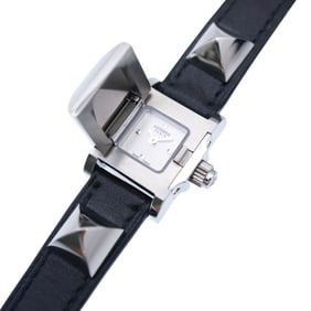 Like new Hermes Medor ME2.110 Quartz Watch SS/Leather Silver/Black 0175HERMES Women's