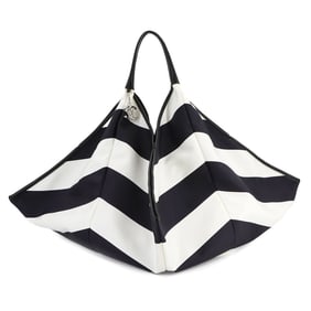 CHANEL Canvas Tote Bag Leather Navy White Black Border Coco Mark