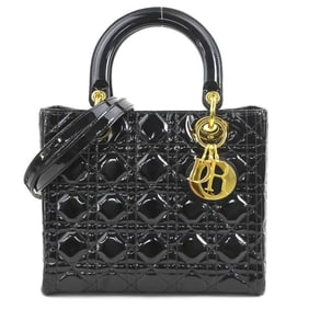 Christian Dior handbag shoulder bag Lady patent leather black gold women's e60317k