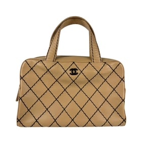 CHANEL Handbag Wild Stitch Leather Beige Black Women's n1188