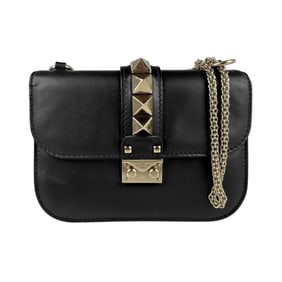 Valentino Garavani Shoulder Bag Rockstud Leather Metal Black Gold Women's Z5062