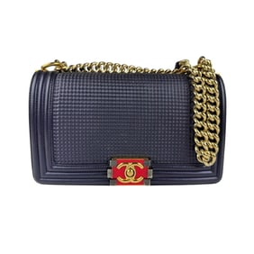 CHANEL Shoulder Bag Boy Chanel Leather Metal Navy Red Gold Women's z5087