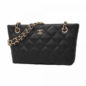 Chanel Shoulder Bag Matelasse Chain Caviar Skin Black Champagne Ladies