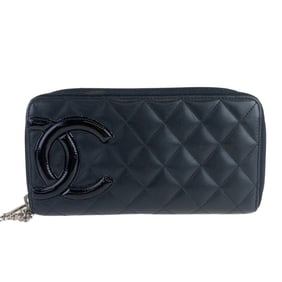 CHANEL Cambon line Coco mark black silver hardware lambskin long wallet round zipper zip ladies