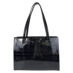 BURBERRY Burberry Check pattern embossed black silver hardware patent leather tote bag shoulder for