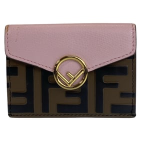 FENDI ZUCCA F is Fendi Pink Brown Gold Hardware Leather Folding Wallet Compact Women's
