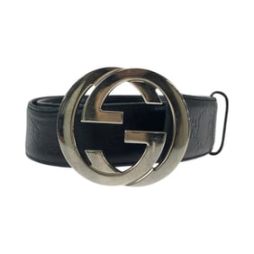 GUCCI Guccissima Interlocking 85cm 34in Black Silver Hardware Leather 114984 Belt Buckle Men's