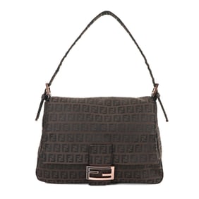 FENDI Zucchino Mamma Bucket Shoulder Bag Canvas Brown Black 8BR001 Pink Gold Hardware Baguette