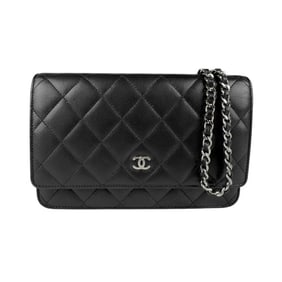 CHANEL Wallet Chain Shoulder Bag Matelasse Leather Metal Black Silver Women's z5104