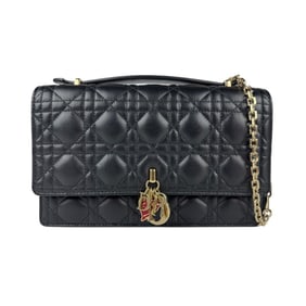 Christian Dior handbag shoulder bag leather black gold ladies z5064
