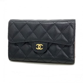 Chanel Tri-fold Long Wallet Matelasse Caviar Skin Black Women's