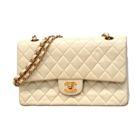 Chanel Shoulder Bag Matelasse W Flap Chain Lambskin White Champagne Ladies