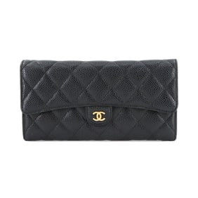 CHANEL Matelasse Bi-fold Long Wallet Caviar Skin Leather Black A80758 Gold Hardware