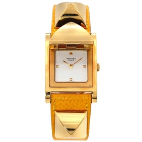 Hermes HERMES Medor Ladies Watch Pyramid Gold Studs White Yellow Leather Quartz
