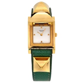 Hermes Medor Women's Watch Pyramid Gold Studs White Green Leather Quartz