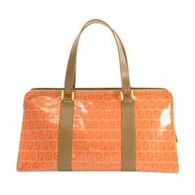 FENDI Zucchino Handbag Leather Orange Beige Gold Hardware