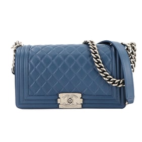 CHANEL Boy Chanel Chain Shoulder Bag Leather Blue A67086 Silver Metal Fittings