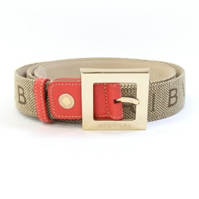 BVLGARI Belt Beige Red Orange Gold 105cm Metal Fittings Canvas Leather Square Men's