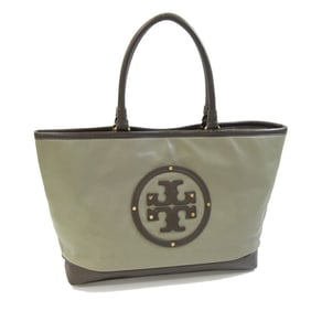 TORY BURCH Tote Bag Khaki Green Dark Brown Leather Bicolor Women's