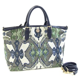 TORY BURCH Handbag Navy Green Jacquard Leather Shoulder Bag Hand Tote Women's