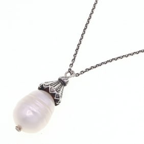 Yves Saint Laurent Saint Laurent Necklace, Smoked Silver Metal, Faux Pearl Pendant, Long Chain,