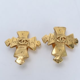 Chanel 94P Coco Mark Cross Motif Earrings Gold Women's