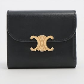 Celine Triomphe Small Flap Wallet Leather Tri-fold Compact Black Gold Women's