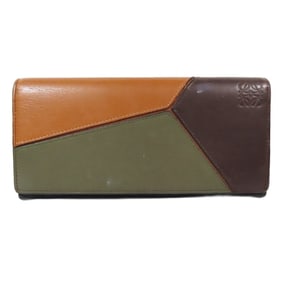 LOEWE Puzzle Horizontal Long Wallet, Anagram Engraved, Bi-fold, Leather, Brown, Green, Men's