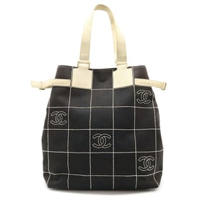 CHANEL Chocolate Bar Coco Mark Tote Bag Shoulder Canvas Black Beige