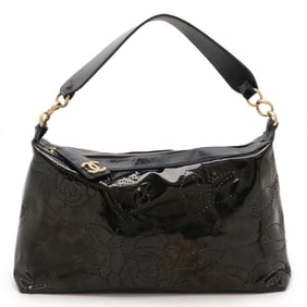 CHANEL Camellia Punching Coco Mark Chain Shoulder Bag Enamel Black