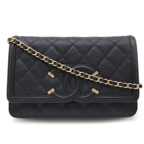 CHANEL CC Filigree Chain Wallet Shoulder Bag Pochette Caviar Skin Leather Black A84451