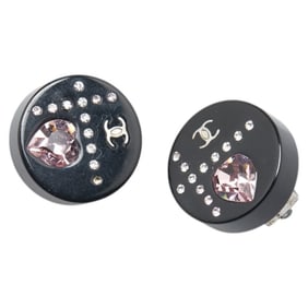 Chanel Coco Mark Rhinestone Heart Earrings Black Gold Plastic Metal Women's CHANEL