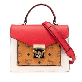 MCM Visetos Handbag Shoulder Bag Beige White Red PVC Leather Women's