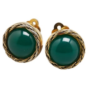 Chanel Round Stone Earrings Gold Green Plated Women's CHANEL
