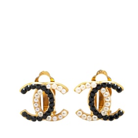 Chanel Coco Mark Rhinestone Earrings Gold Black White Plated Fake Pearl Women's CHANEL