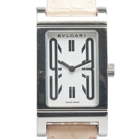 BVLGARI Rettangolo Embossed Watch RT39S Quartz White Dial Stainless Steel Leather Women's
