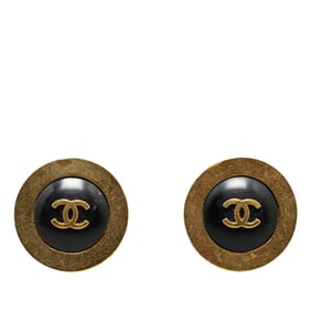 Chanel Coco Mark Button Motif Earrings Black Gold Plated Women's CHANEL