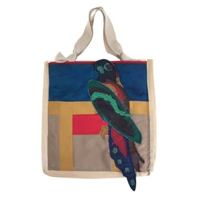 PRADA Prada Patchwork Bird Triangle Logo Plate Beige Multicolor Silver Hardware Nylon Cotton Tote