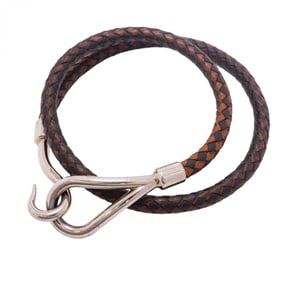 Hermes Bracelet Jumbo Hook Metal Leather Silver Black Brown Ladies