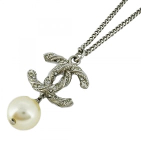 Chanel Necklace Coco Mark Metal Fake Pearl Rhinestone Silver Ladies