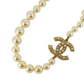 Chanel Necklace Coco Mark GP Plated Fake Pearl Rhinestone Champagne Gold for Women
