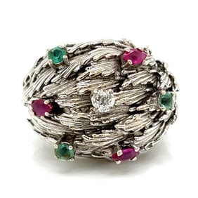 18K White Gold Diamond, Ruby, & Emerald Ring