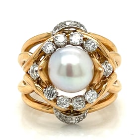 Retro 18K Rose Gold & Platinum Pearl and Diamond Ring