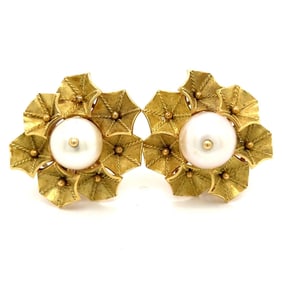 French 18K Yellow Gold Pearl Flower Earrings
