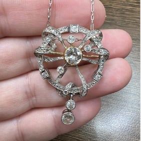 Art Deco Platinum & 18K Diamond Pendant/Brooch w/Chain