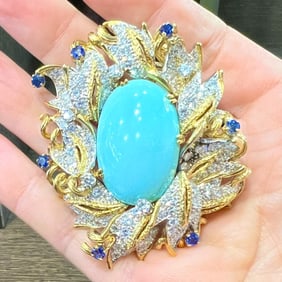 18K Yellow Gold Turquoise/Diamond/Sapphire Brooch