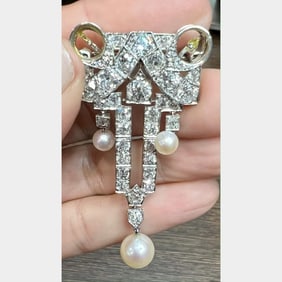 Art Deco Platinum Diamond and Pearl Brooch